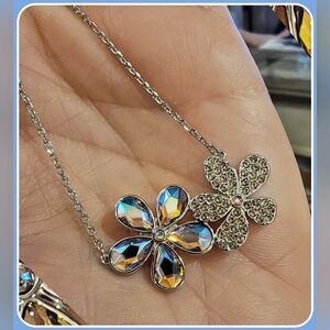#Touchstone Crystal Elegant Double  Floral Necklace Rhodium Plate #NIB